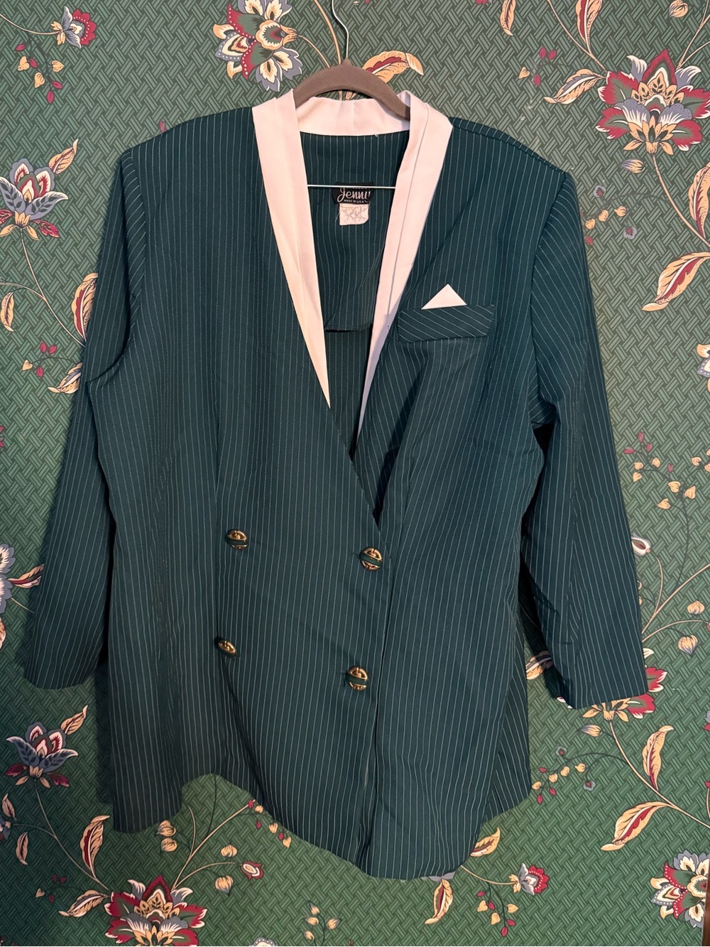 Jenny Green Pinstripe Double-Breasted Blazer with Cream Lapel & Skirt